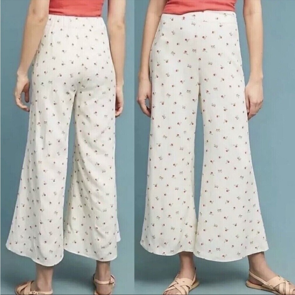 Anthropologie Talese Ivory Cherry Wide Leg Crop Pants High Rise Vacation Boho 10